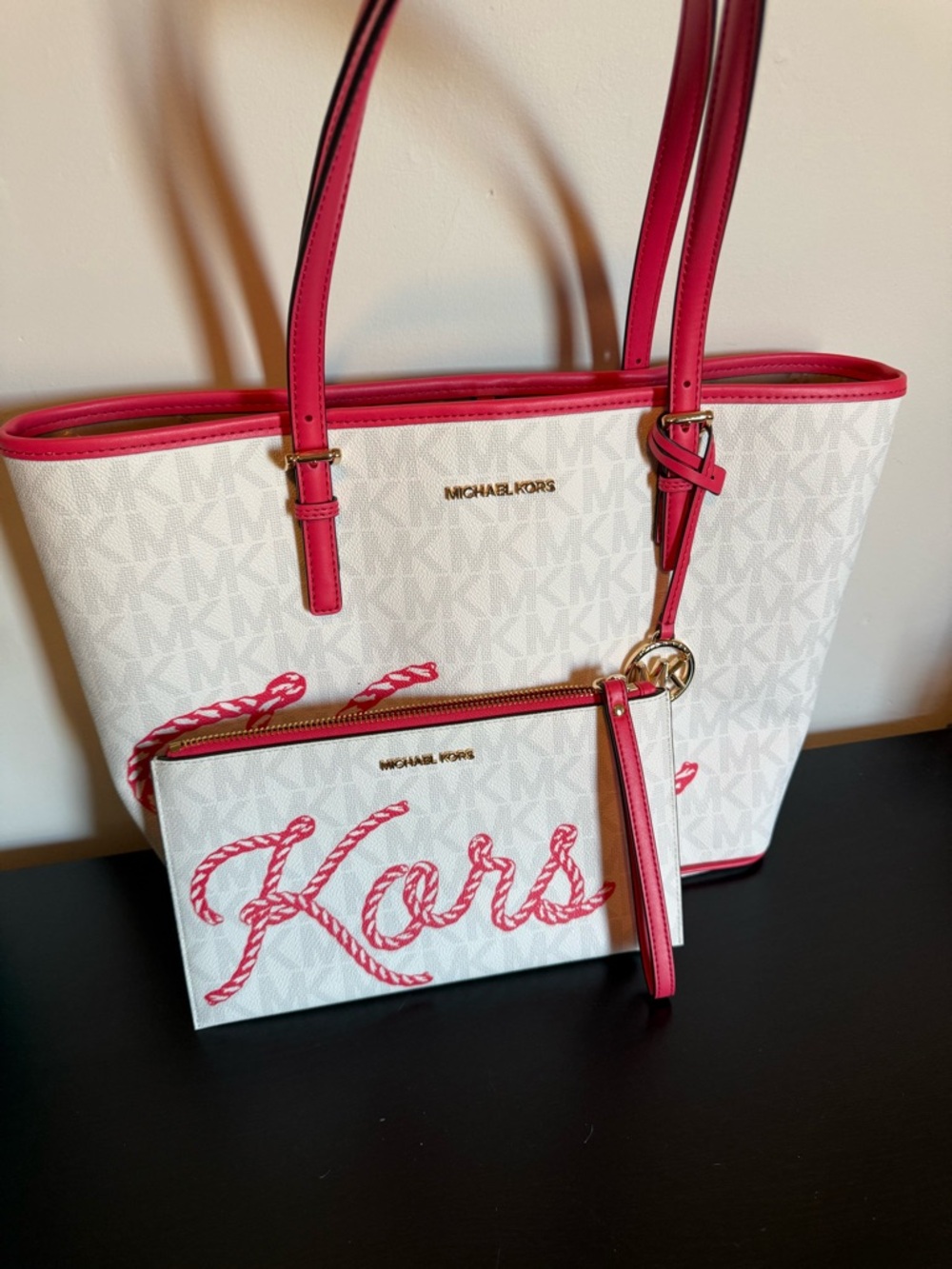 Michael Kors White & Pink Logo Tote with Matching Wristlet